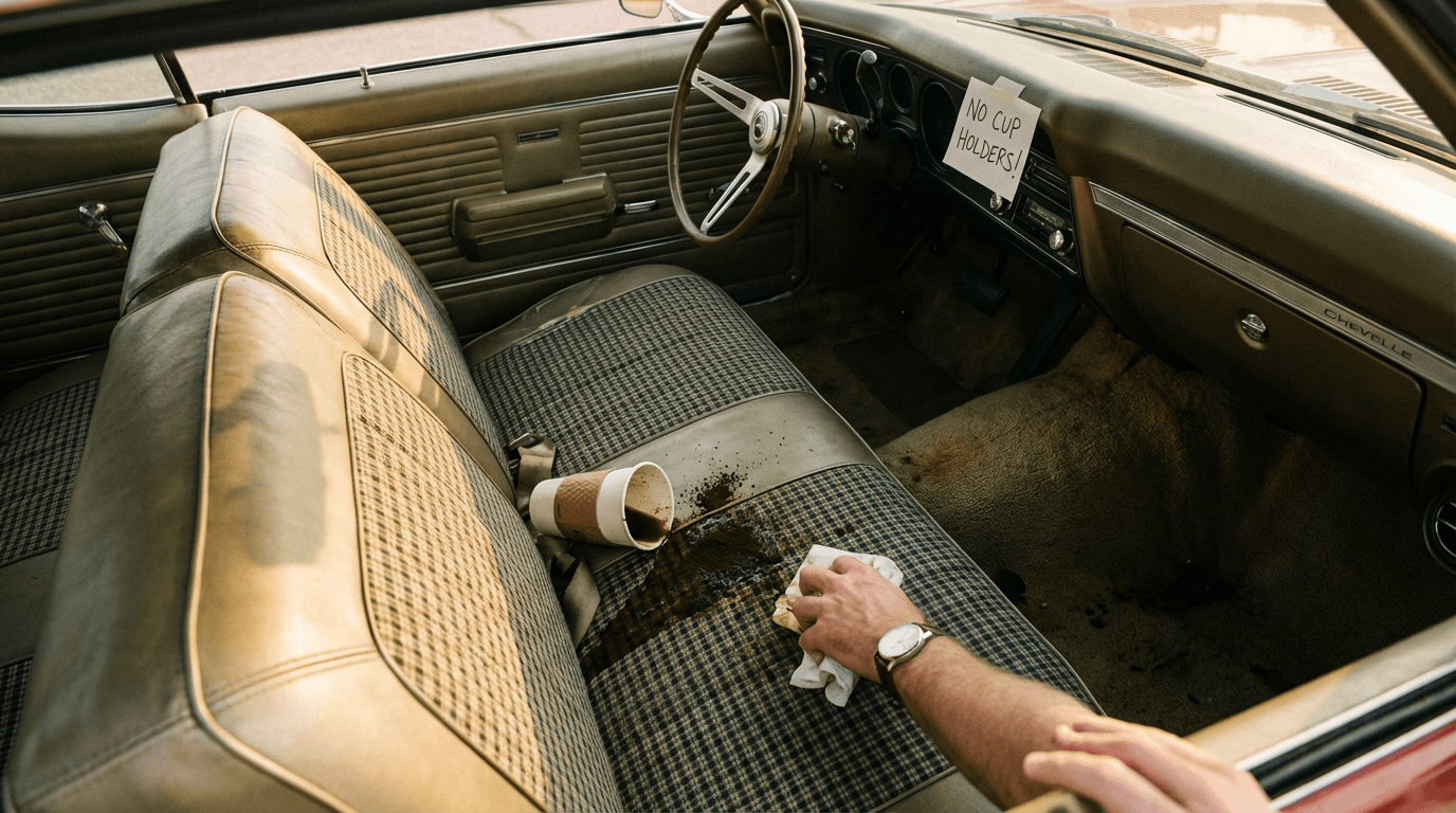 Coffee spilled on a classic car bench seat, illustrating the daily pain of no cup holder