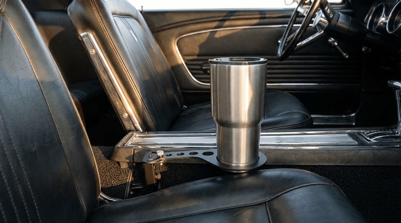 Rinashi cup holder with tumbler installed in a classic car interior